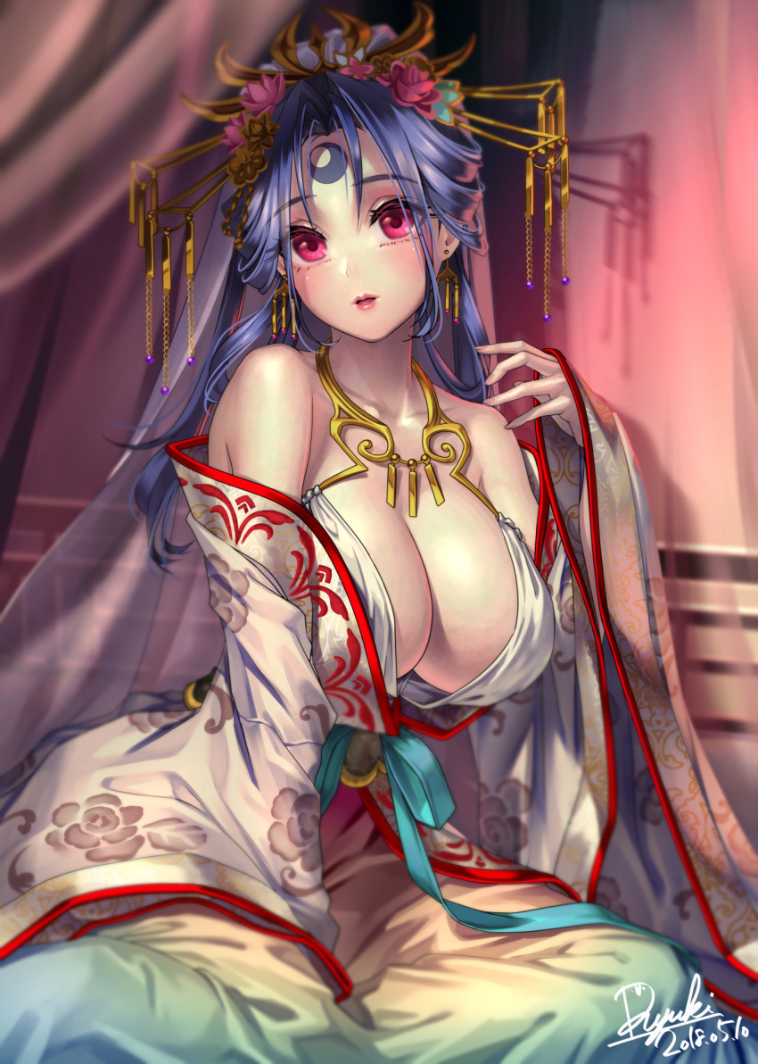 1girl, bare_shoulders, blush, breasts, cleavage, earrings, highres, jewelry