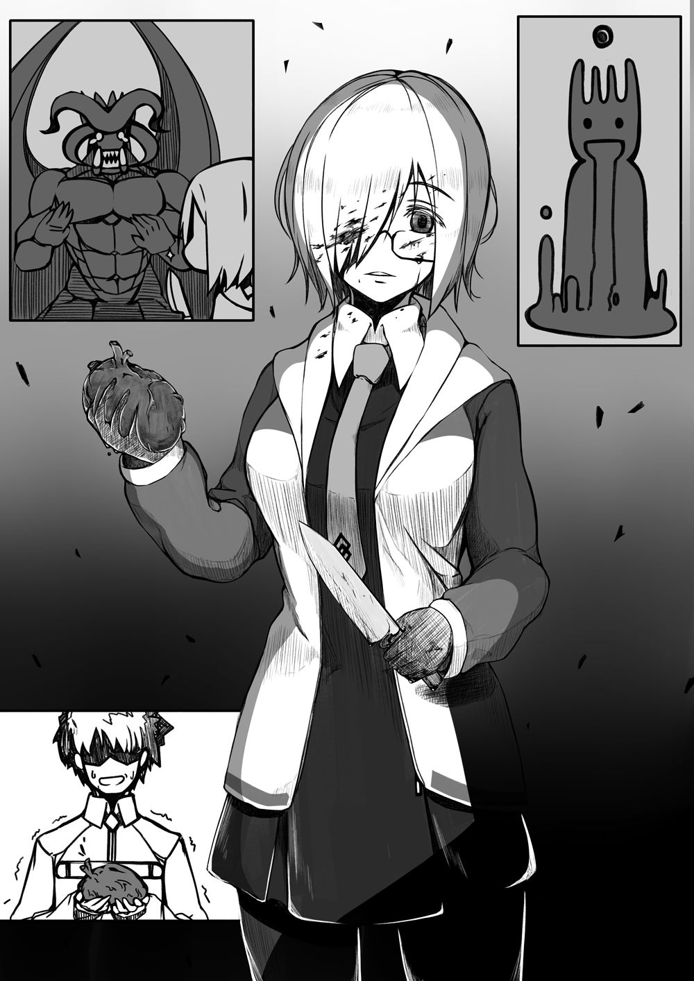 1boy, 1girl, blood, blood_on_face, commentary_request, demon, empty_eyes, fate/grand_order