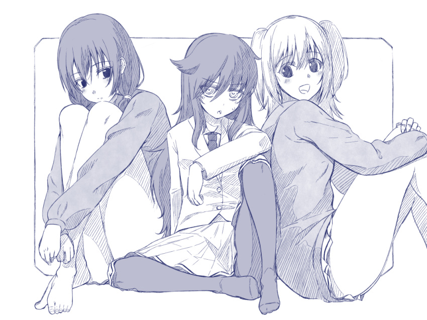 3girls, :d, bags_under_eyes, barefoot, blush, chestnut_mouth, elbow_on_knee, from_side