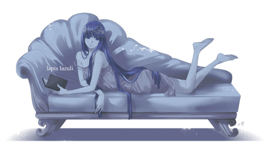 1other, alternate_costume, androgynous, barefoot, blue_eyes, blue_hair, book, character_name