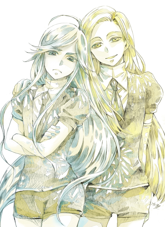 2others, ahoge, alexandrite_(houseki_no_kuni), androgynous, blonde_hair, blue_eyes, blue_hair, chrysoberyl_(houseki_no_kuni)