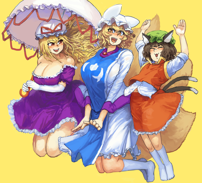 3girls, :d, absurdres, animal_ears, arched_back, arms_up, bangs, bare_shoulders