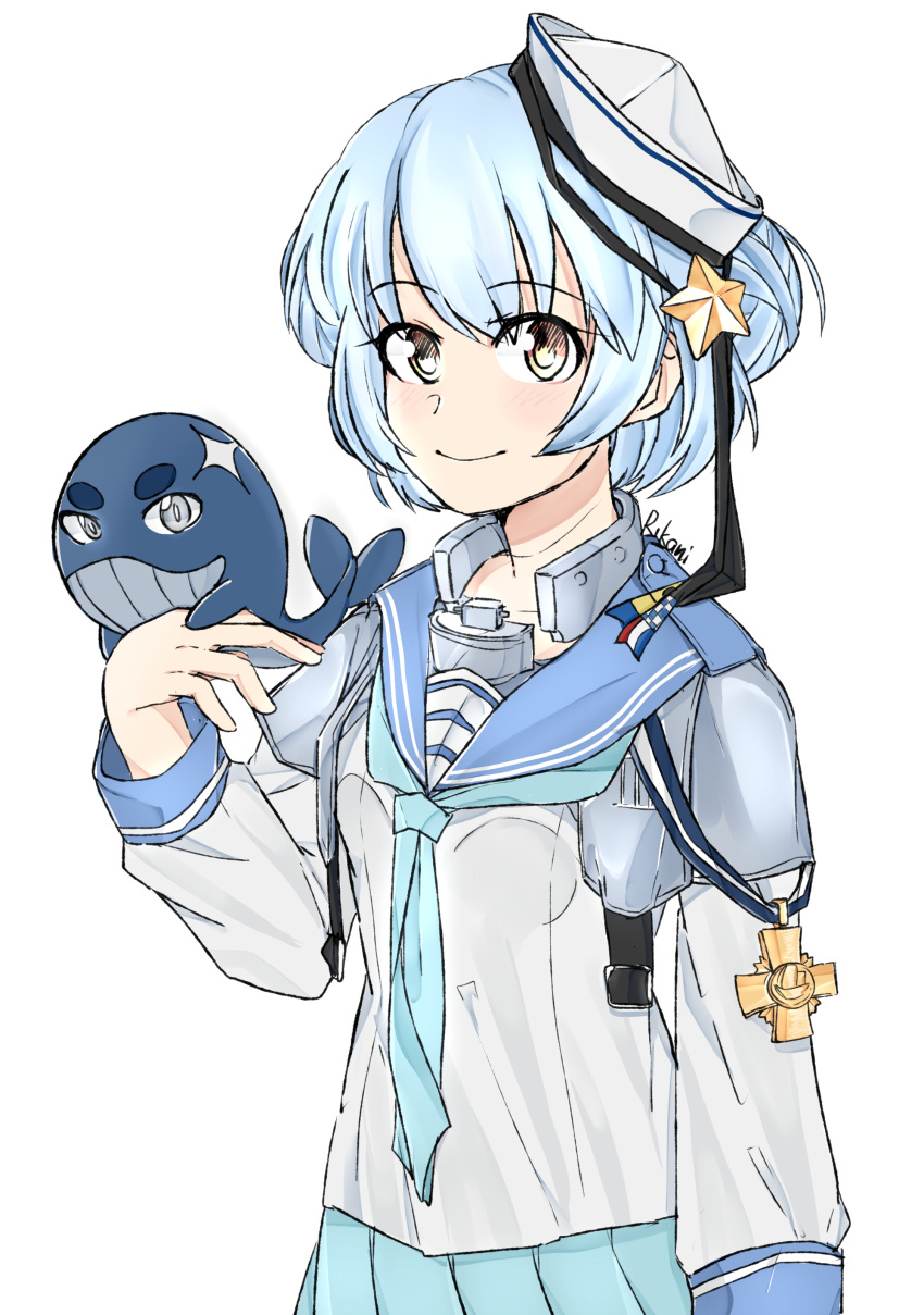 1girl, absurdres, animal, blue_hair, blue_sailor_collar, blue_skirt, blush, dixie_cup_hat
