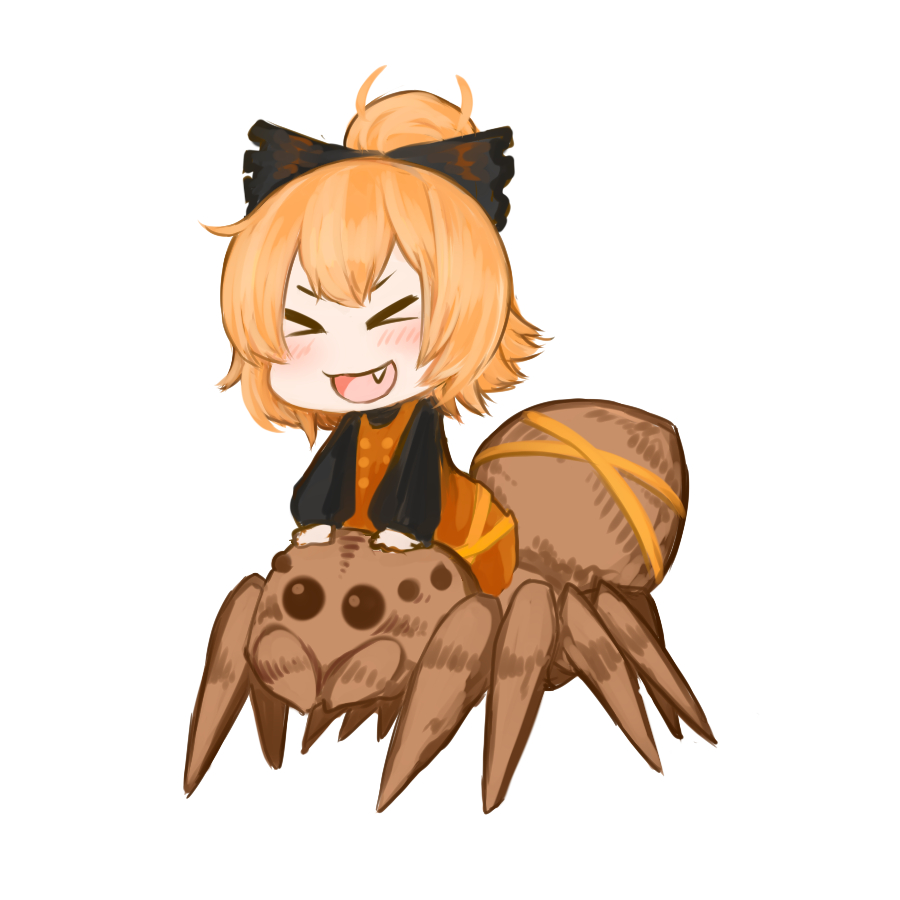 >_<, 1girl, :d, animal, black_bow, blonde_hair, blush, bow, brown_dress, bug, chibi, closed_eyes, commentary_request, dress, fang, full_body, hair_bow, hands_on_another's_head, jakomurashi, kurodani_yamame, long_sleeves, open_mouth, riding, short_hair, simple_background, smile, spider, touhou, white_background, xd