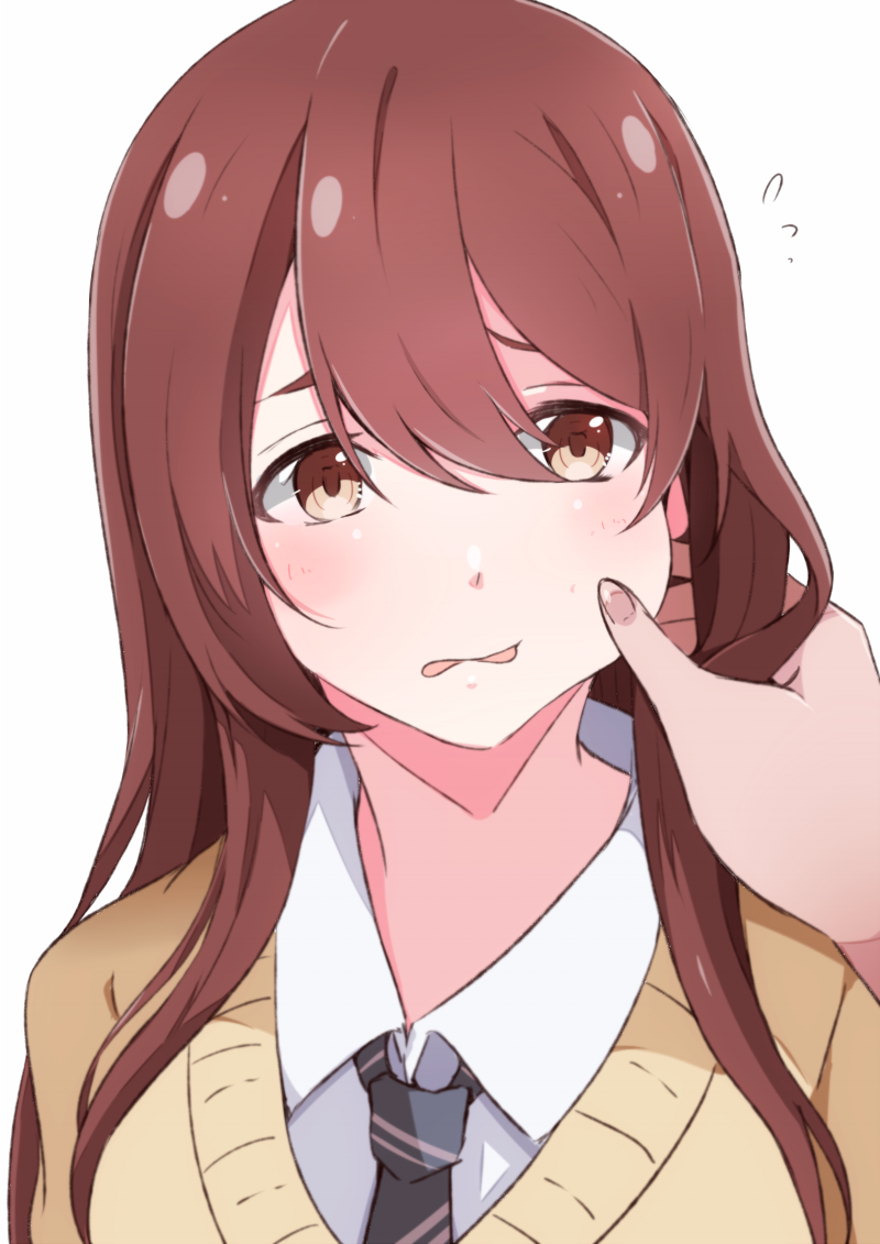 1girl, bangs, blush, brown_eyes, brown_hair, cheek_pinching, collared_shirt, enelis