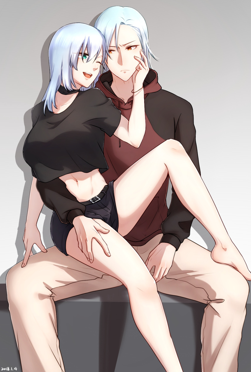 1boy, 1girl, ;d, aqua_eyes, barefoot, belt, black_choker, black_shirt