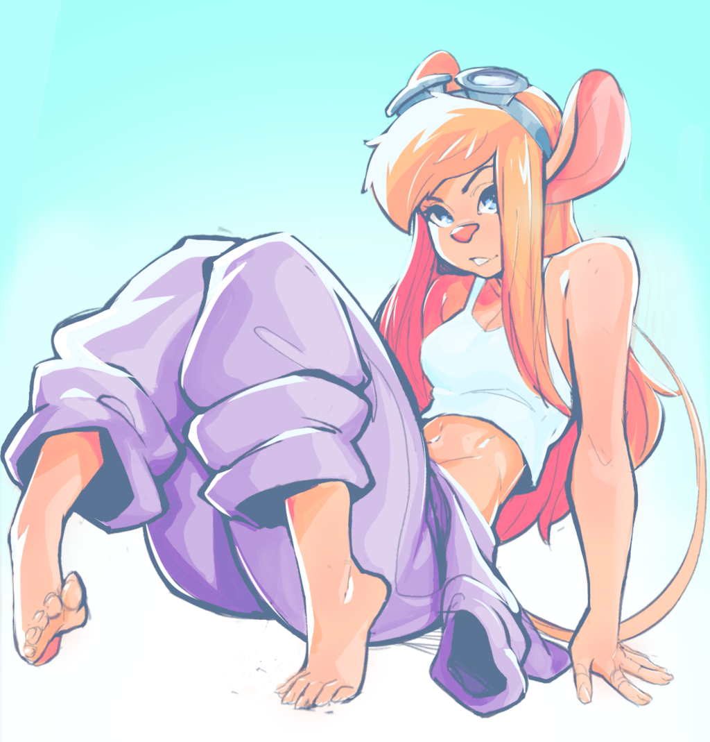 1girl, animal_ears, bare_shoulders, barefoot, blonde_hair, blue_eyes, breasts, buck_teeth, chip_'n_dale_rescue_rangers, crop_top, disney, eymbee, full_body, furry, gadget_hackwrench, goggles, goggles_on_head, jumpsuit, long_hair, midriff, mouse_ears, mouse_tail, navel, overalls, pants, pants_rolled_up, sitting, small_breasts, snout, solo, tail