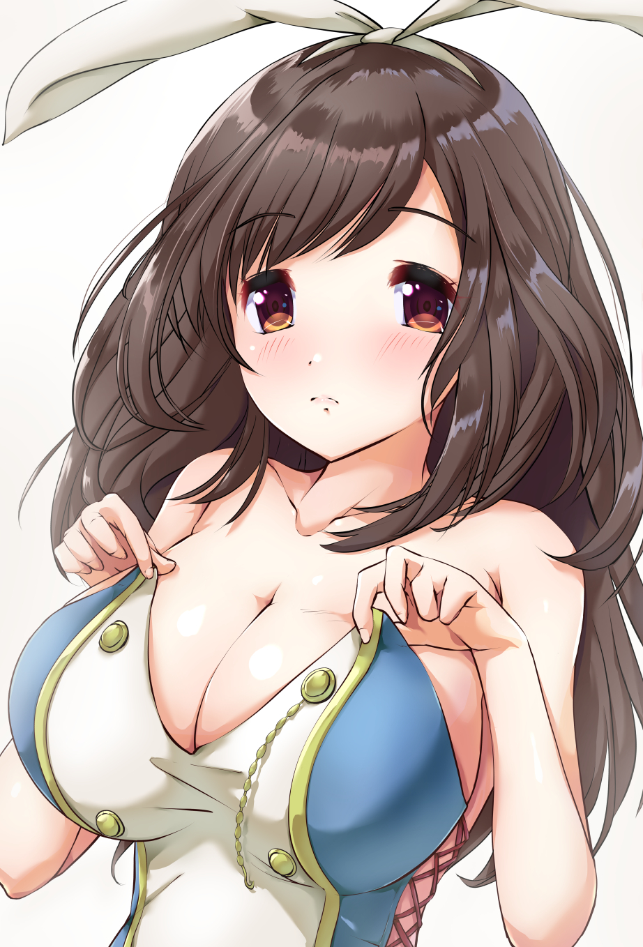 1girl, bangs, bare_arms, bare_shoulders, blush, bow, breasts, brown_eyes