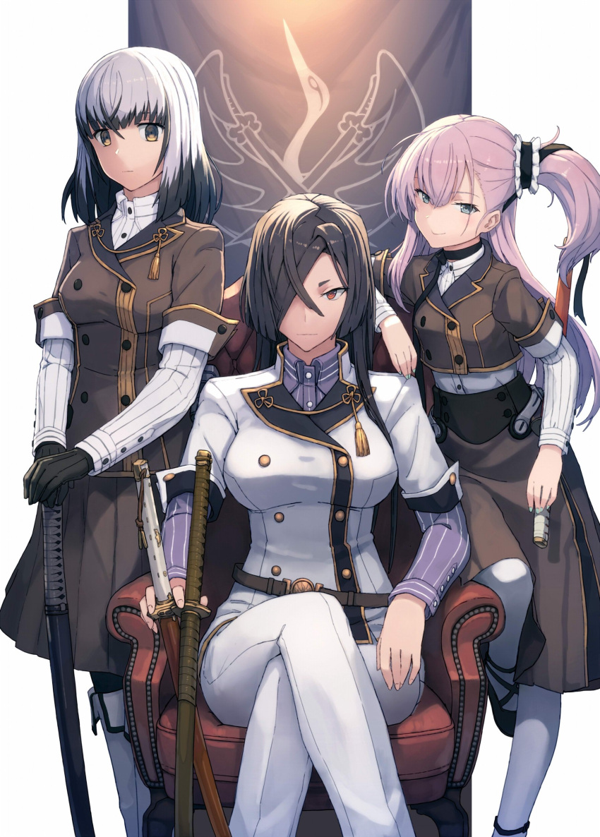 3girls, absurdres, bangs, belt, black_gloves, black_hair, black_legwear, blue_eyes