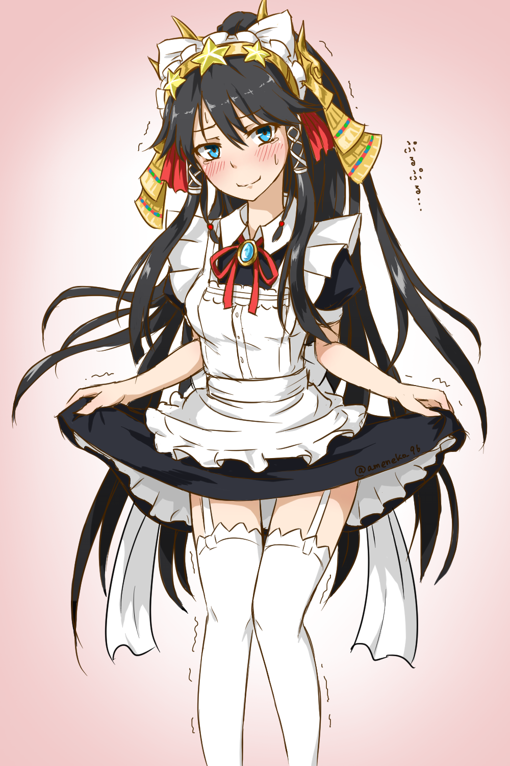 1girl, alternate_costume, ameneko_kuro, apron, black_dress, black_hair, blue_eyes, blush