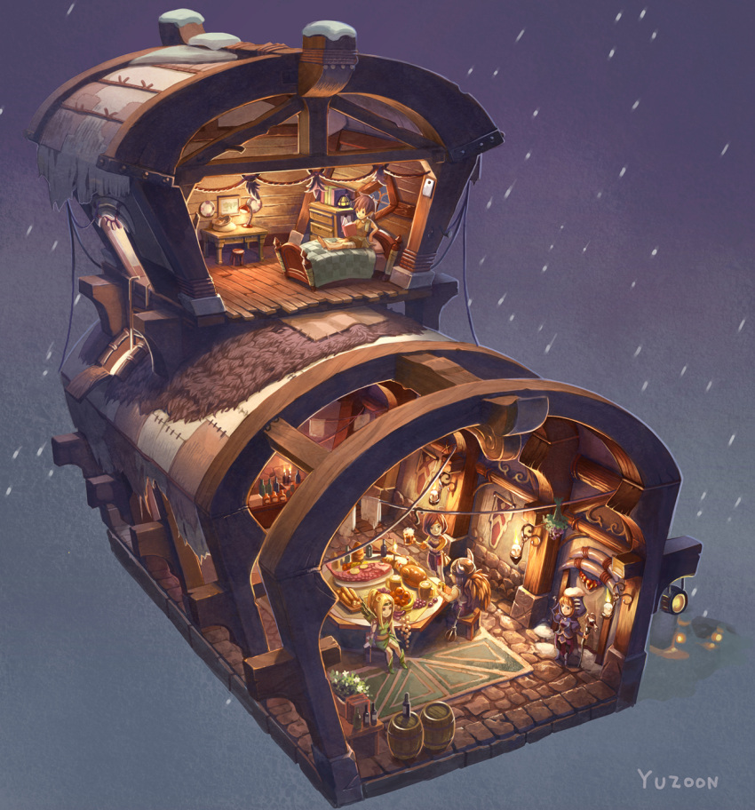 2boys, 3girls, alcohol, barrel, bed, beer, beer_mug, blonde_hair, boots, bottle, bracer, bread, brown_hair, candle, candlelight, commentary, desk, dress, fantasy, fish, food, fruit, green_eyes, headband, helmet, highres, hood, horned_helmet, indoors, isometric, lamp, legband, long_hair, mace, meat, mikan_yuzuko, multiple_boys, multiple_girls, night, on_bed, original, ponytail, scenery, short_hair, signature, sitting, sitting_on_bed, sleeveless, snow, staff, stool, weapon, wine_bottle, wooden_floor