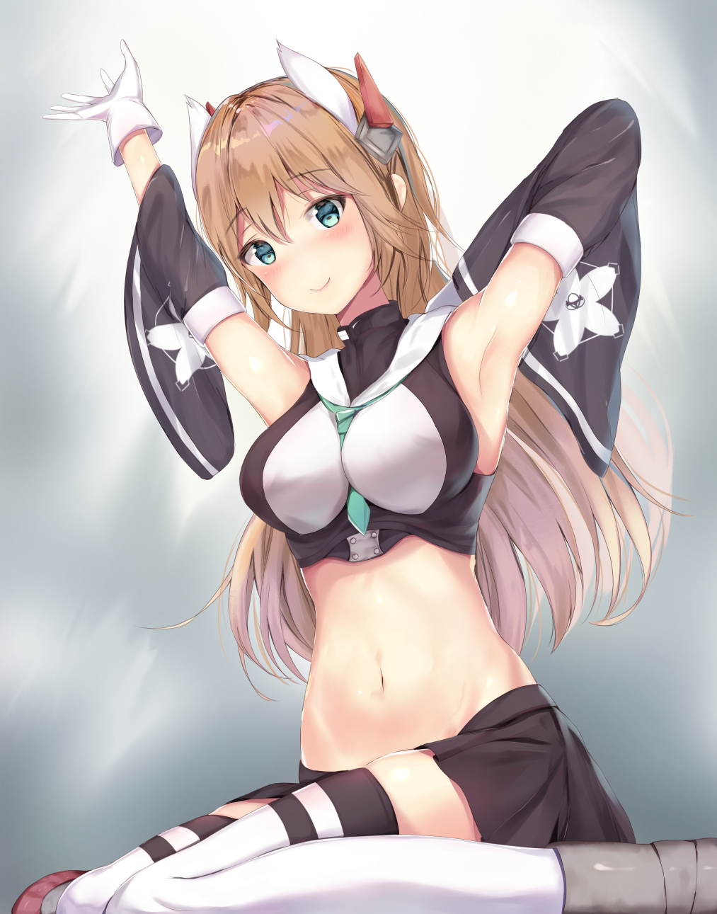 1girl, animal_ears, armpits, arms_up, azur_lane, bangs, bare_shoulders, between_breasts