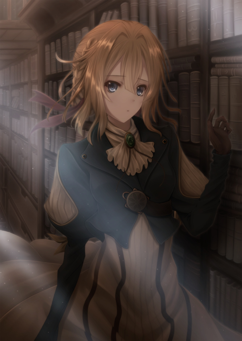 1girl, absurdres, bangs, blonde_hair, blue_eyes, bookshelf, brown_gloves, dress
