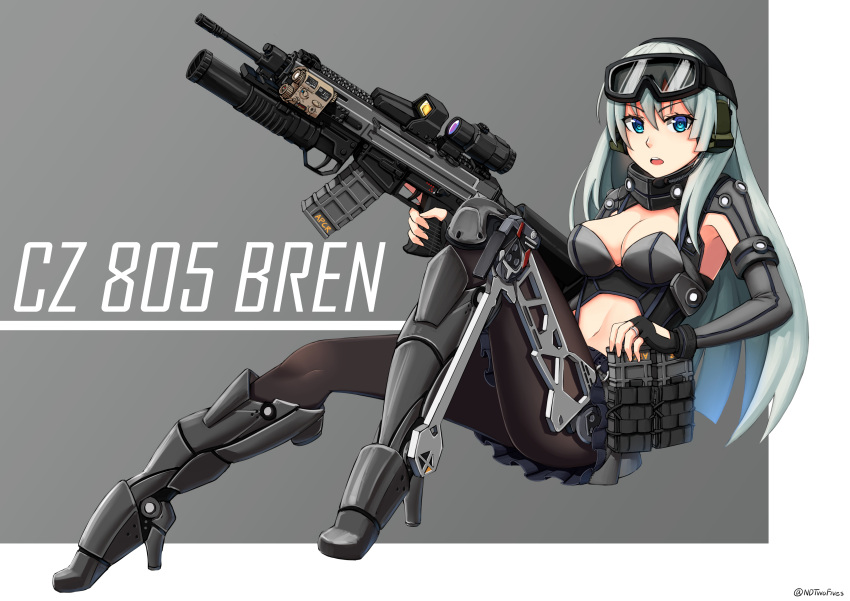 1girl, absurdres, ammunition_pouch, aqua_hair, armored_boots, blue_eyes, boots, breasts