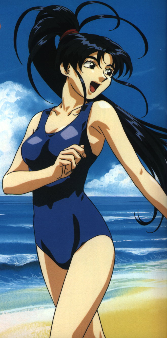 black_hair, cloud, clouds, highres, long_hair, masaki_achika, ocean, one-piece, one-piece_swimsuit, ponytail, sea, swimsuit, tenchi_muyo, tenchi_muyou!, tenchi_muyou!_in_love