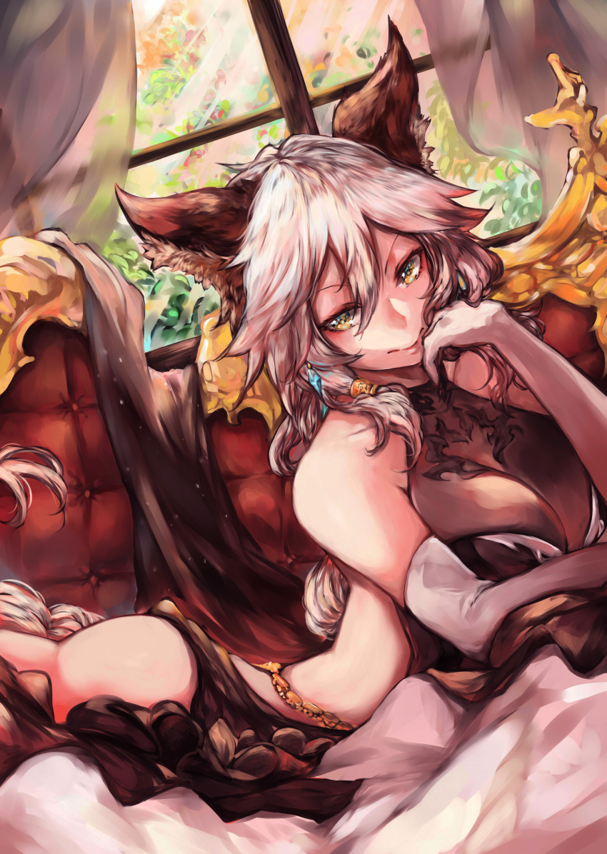 1girl, absurdres, animal_ears, arm_support, backless_outfit, black_dress, braid, breasts
