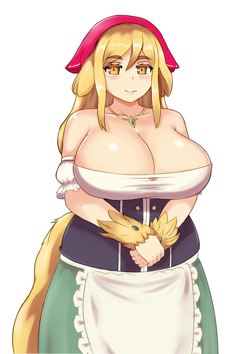 1girl, apron, bare_shoulders, blonde_hair, blush, breasts, cleavage, collarbone, commentary, detached_sleeves, dirndl, english_commentary, eyebrows_visible_through_hair, german_clothes, head_scarf, highres, huge_breasts, jewelry, kikimora_(monster_girl_encyclopedia), long_hair, looking_at_viewer, monster_girl, monster_girl_encyclopedia, nav, necklace, orange_eyes, plump, puffy_detached_sleeves, puffy_sleeves, simple_background, smile, solo, standing, tail, thick_eyebrows, waist_apron, white_background