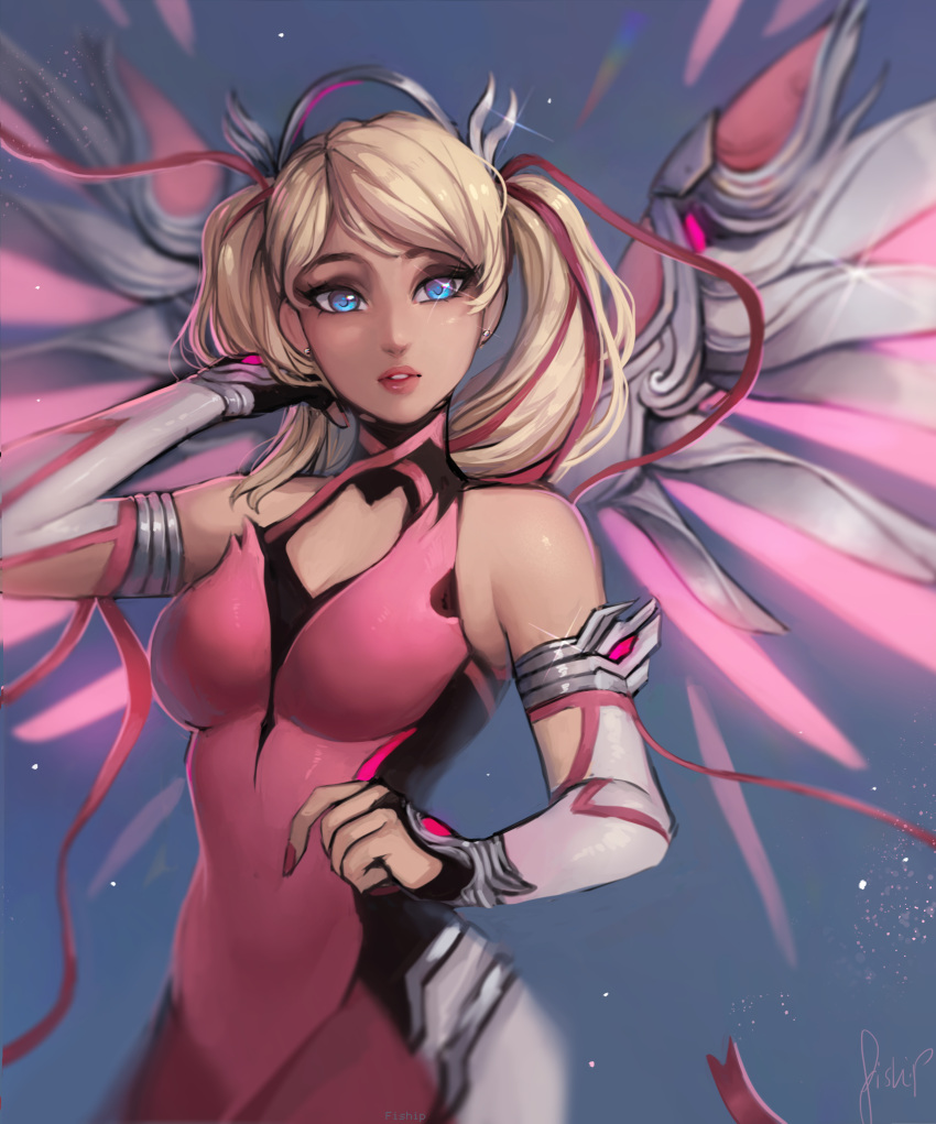 1girl, absurdres, bare_shoulders, blonde_hair, blue_eyes, commentary, earrings, elbow_gloves