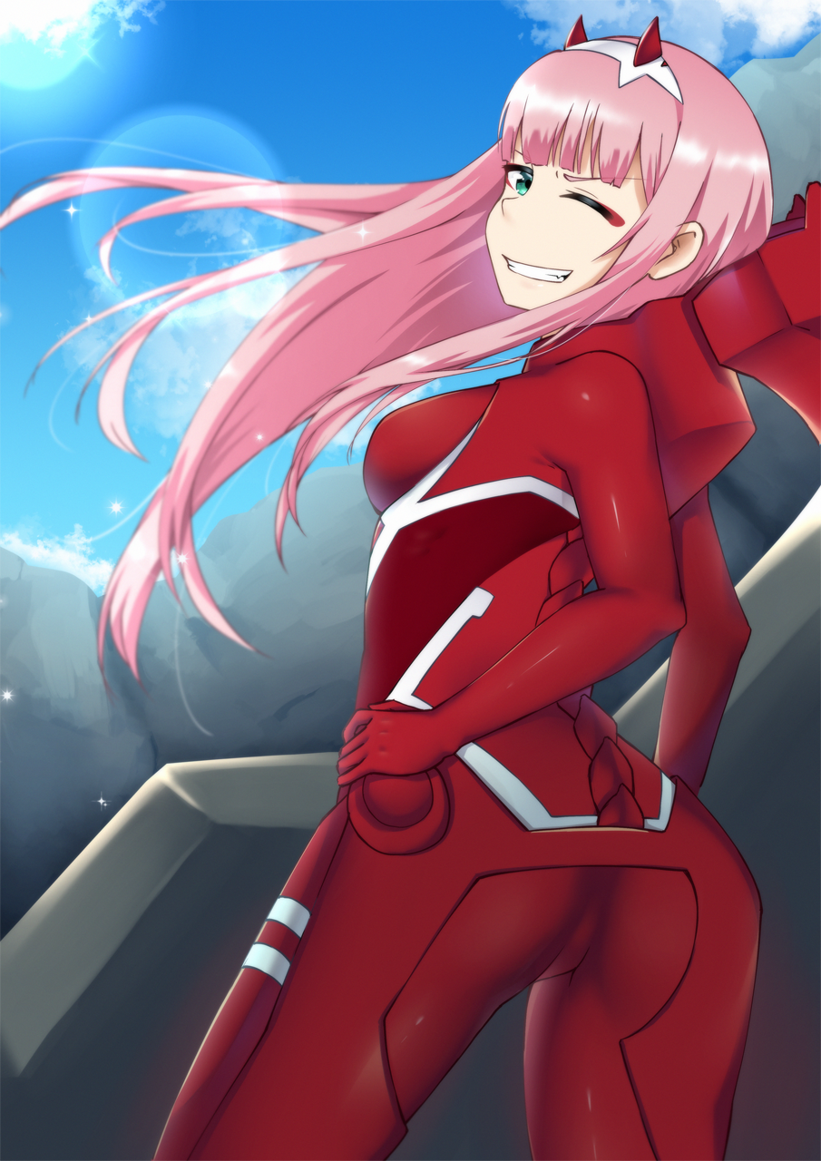 1girl, aqua_eyes, ass, bodysuit, breasts, commentary, darling_in_the_franxx, day
