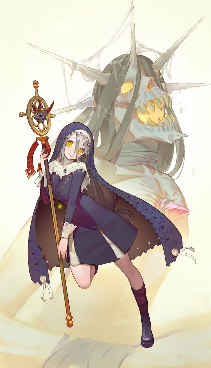 1girl, 1other, black_footwear, black_legwear, breasts, cross, grey_hair, habit