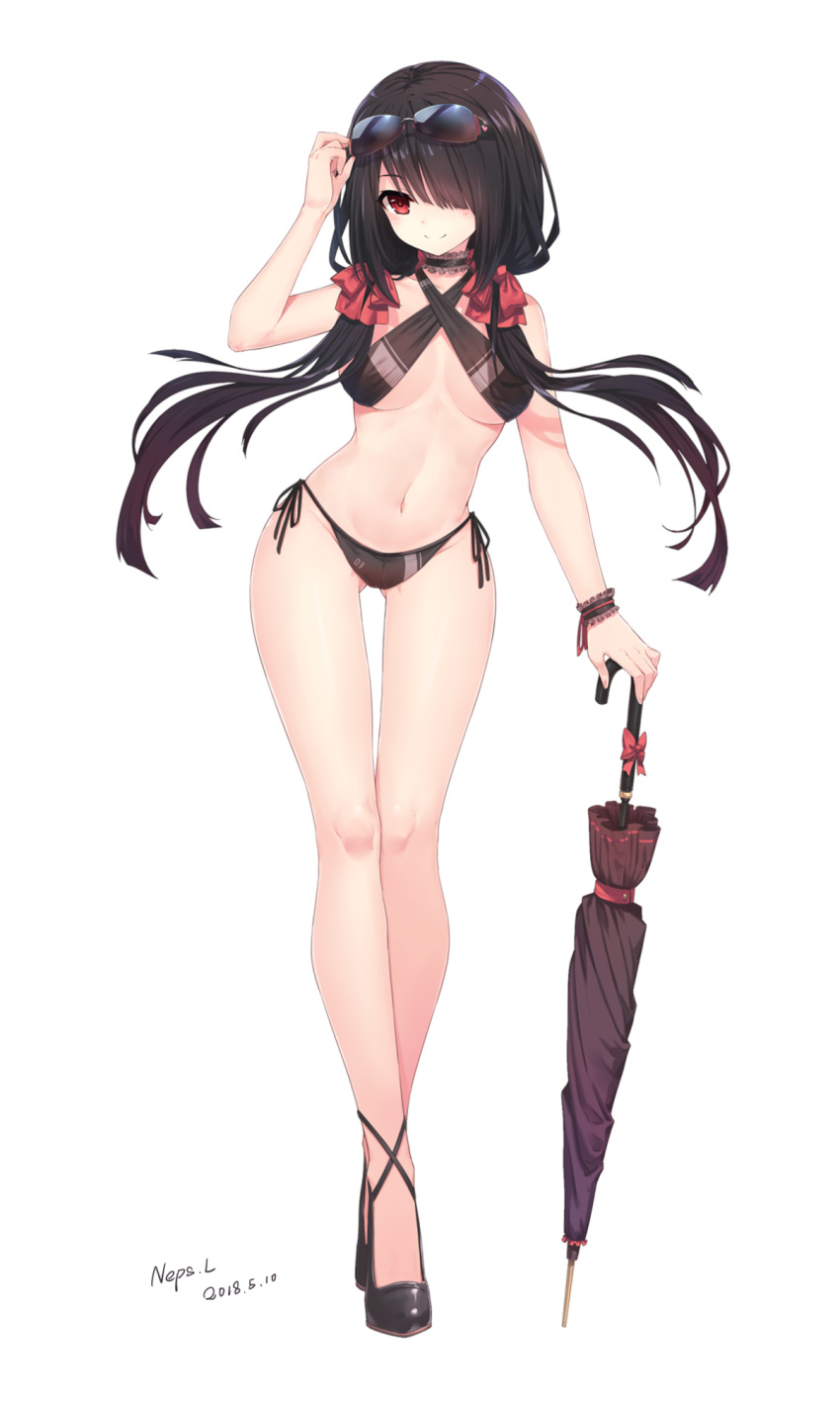 1girl, adjusting_eyewear, bare_legs, bare_shoulders, bikini, black_bikini, blush, bow