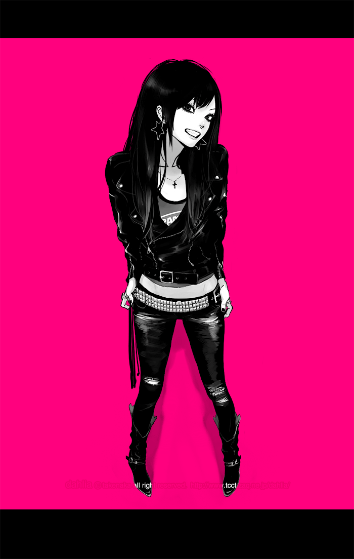 belt, black_hair, boots, earrings, fashion, grin, jewelry, leather_jacket