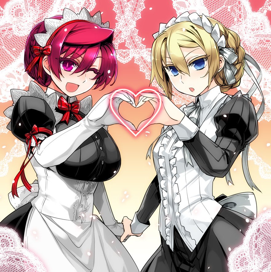 2girls, apron, blonde_hair, blue_eyes, braided_bun, commentary, heart, holding_hands