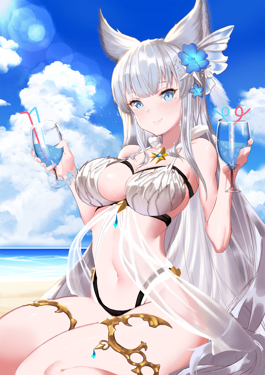 1girl, animal_ears, bangs, bare_shoulders, beach, bendy_straw, bikini, blue_eyes