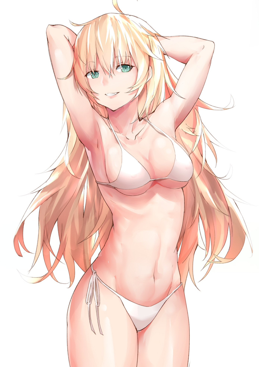 1girl, ahoge, alternate_costume, armpits, arms_behind_head, bangs, bikini, blonde_hair
