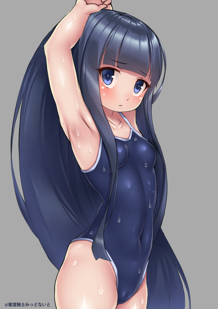 1girl, absurdres, arms_up, artist_name, black_hair, blue_eyes, blue_swimsuit, breasts