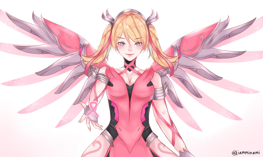 1girl, absurdres, alternate_costume, alternate_hairstyle, awareness_ribbon, bare_shoulders, blonde_hair, blue_eyes