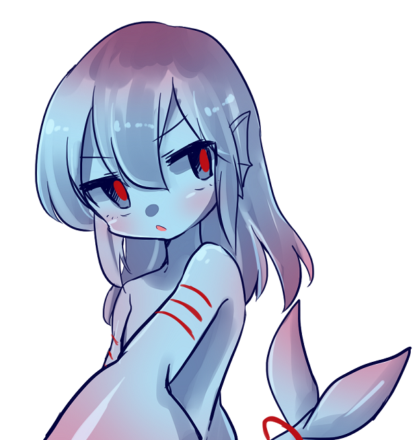 1girl, animal_ears, blue_eyes, blue_hair, blue_sclera, blue_skin, blush, fins