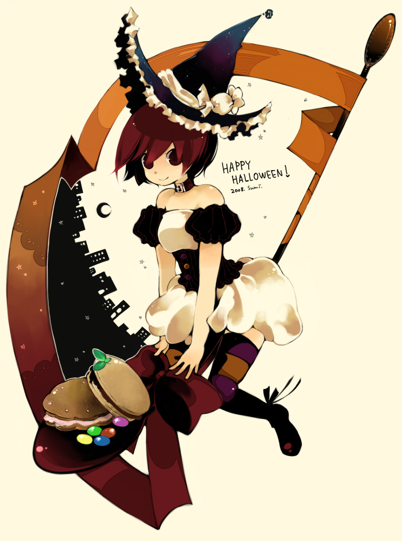 bow, brown_eyes, candy, choker, crescent_moon, dress, halloween, hat