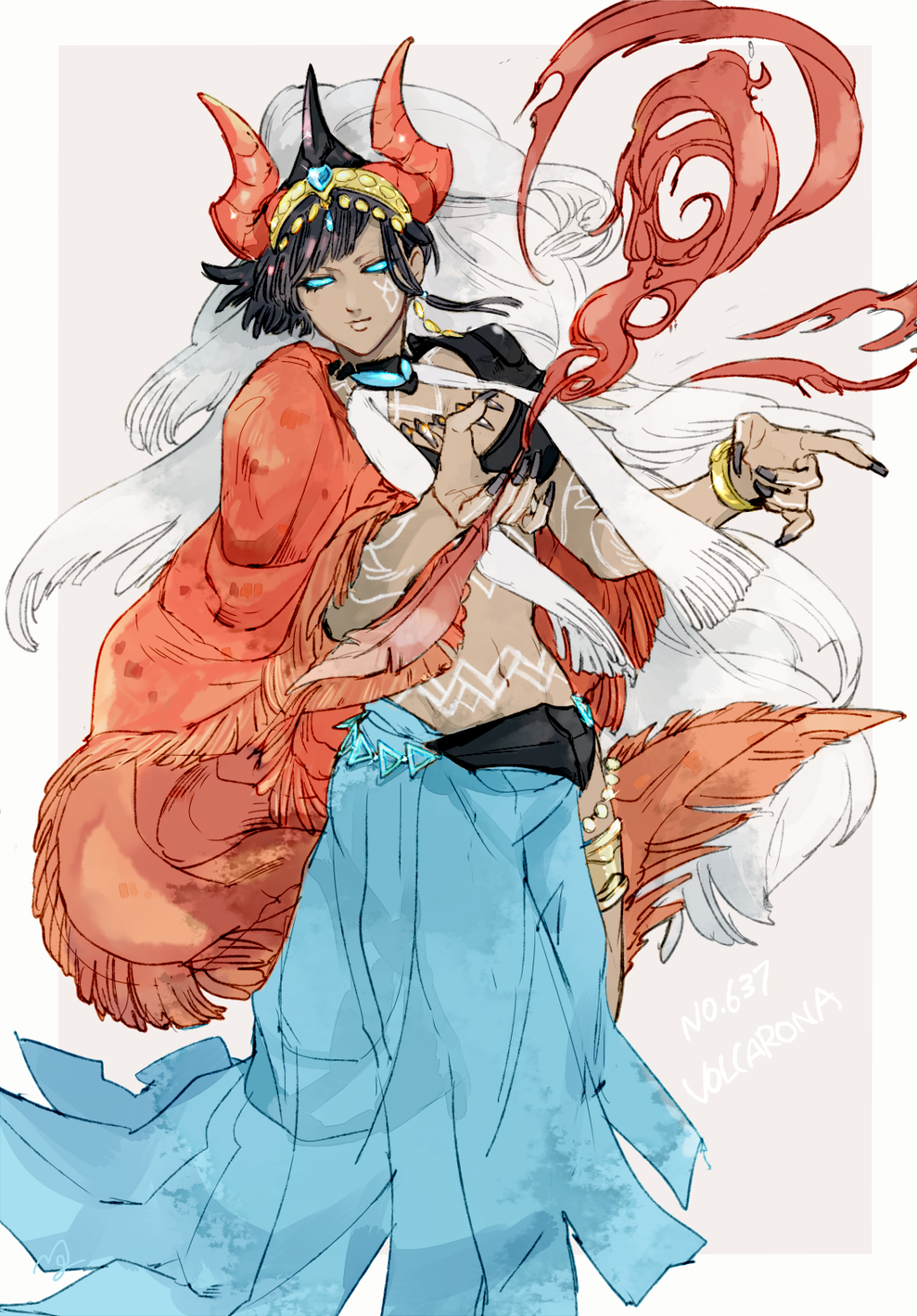 1boy, absurdly_long_hair, bangle, black_hair, black_nails, blue_sclera, blue_skirt, bracelet