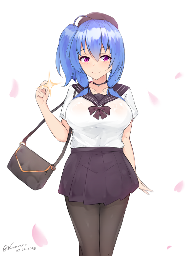 1girl, ahoge, azur_lane, bag, black_choker, blue_hair, breasts, brown_legwear