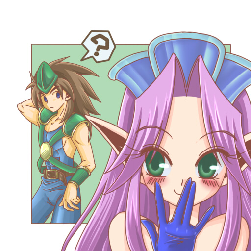 1girl, angela, blue_eyes, blush, brown_hair, couple, duran, gloves