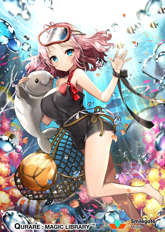 1girl, air_bubble, anklet, bare_shoulders, barefoot, basketball, blue_eyes, bracelet