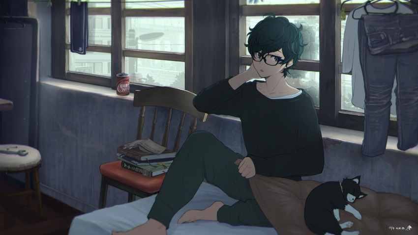 1boy, 5114ave, absurdres, amamiya_ren, androgynous, aqua_hair, barefoot, black_hair