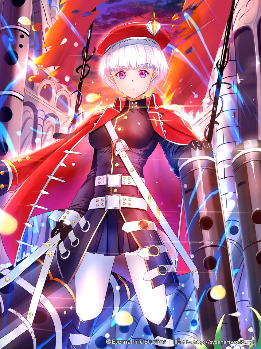 1girl, belt, black_gloves, black_skirt, copyright_name, eternal_wars, frown, gloves