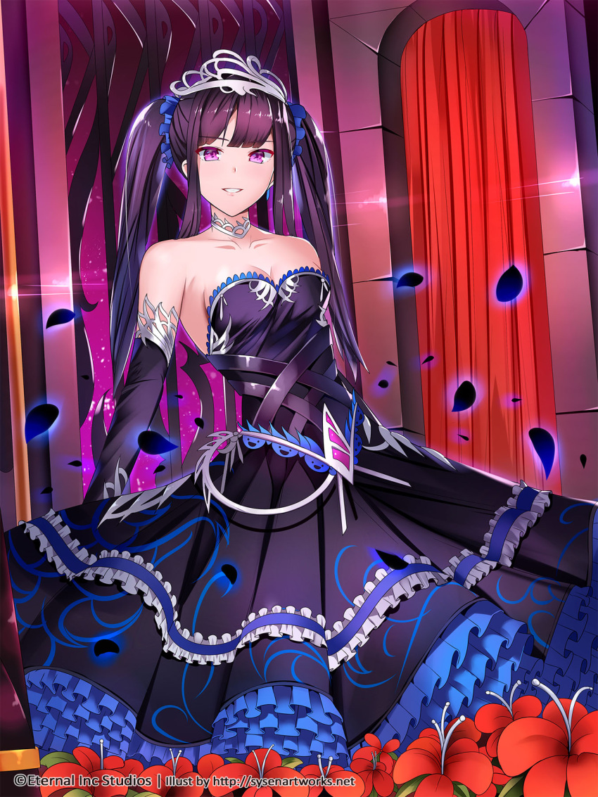 1girl, arch, arms_at_sides, bare_shoulders, black_dress, black_hair, breasts, cleavage, dress, elbow_gloves, eternal_wars, flower, gloves, highres, indoors, looking_at-viewer, looking_at_viewer, medium_breasts, official_art, parted_lips, smile, solo, sysen, tiara, two_side_up, violet_eyes, watermark