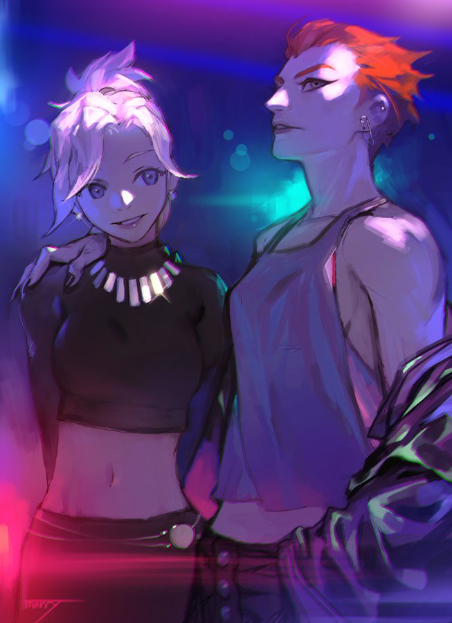 2girls, arms_behind_back, black_nails, black_shirt, blonde_hair, blue_eyes, breasts, casual, crop_top, ear_piercing, earrings, grey_eyes, hand_on_another's_shoulder, jacket, jewelry, large_breasts, lipstick, long_sleeves, looking_at_another, looking_at_viewer, makeup, medium_breasts, mercy_(overwatch), midriff, moira_(overwatch), multiple_girls, na_in-sung, nail_polish, navel, necklace, neon_lights, no_bra, off_shoulder, overwatch, parted_lips, piercing, pink_lipstick, ponytail, punk, redhead, safety_pin, shirt, short_hair, sideboob, tank_top