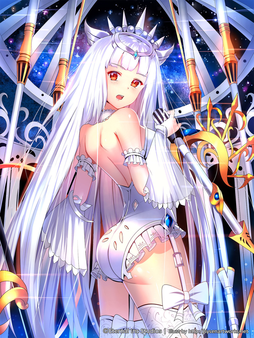 1girl, ass, bangs, bare_shoulders, blunt_bangs, crown, detached_sleeves, eternal_wars