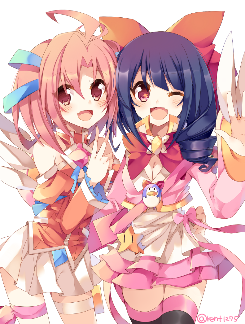 +_+, 2girls, ahoge, bare_shoulders, black_legwear, blue_ribbon, blush, bow