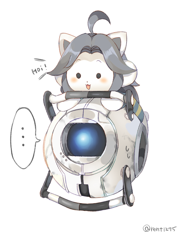 ..., ahoge, animal_ears, blush, cat_ears, crossover, dot_eyes, half-closed_eyes
