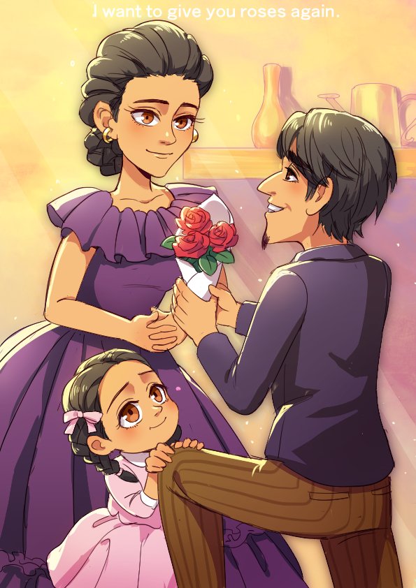 1boy, 2girls, black_hair, blush, bouquet, braid, brown_eyes, coco_(disney)