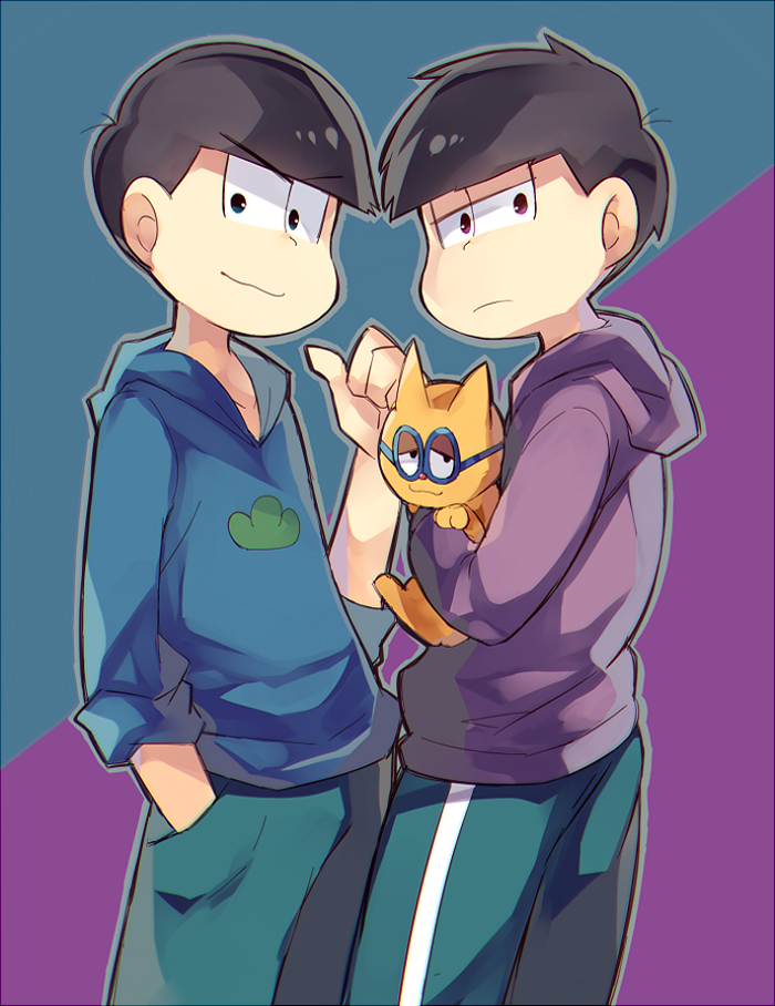 2boys, black_hair, blue_background, blue_eyes, blue_hoodie, cat, esper_nyanko, glasses, hand_in_pocket, holding, holding_cat, looking_at_viewer, matsuno_ichimatsu, matsuno_karamatsu, multicolored, multicolored_background, multiple_boys, osomatsu-san, pants, pointing, pointing_at_self, purple_background, purple_hoodie, rento_(rukeai), smile, violet_eyes