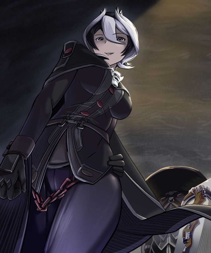 1girl, black_eyes, black_hair, breasts, cape, chains, from_below, gloves