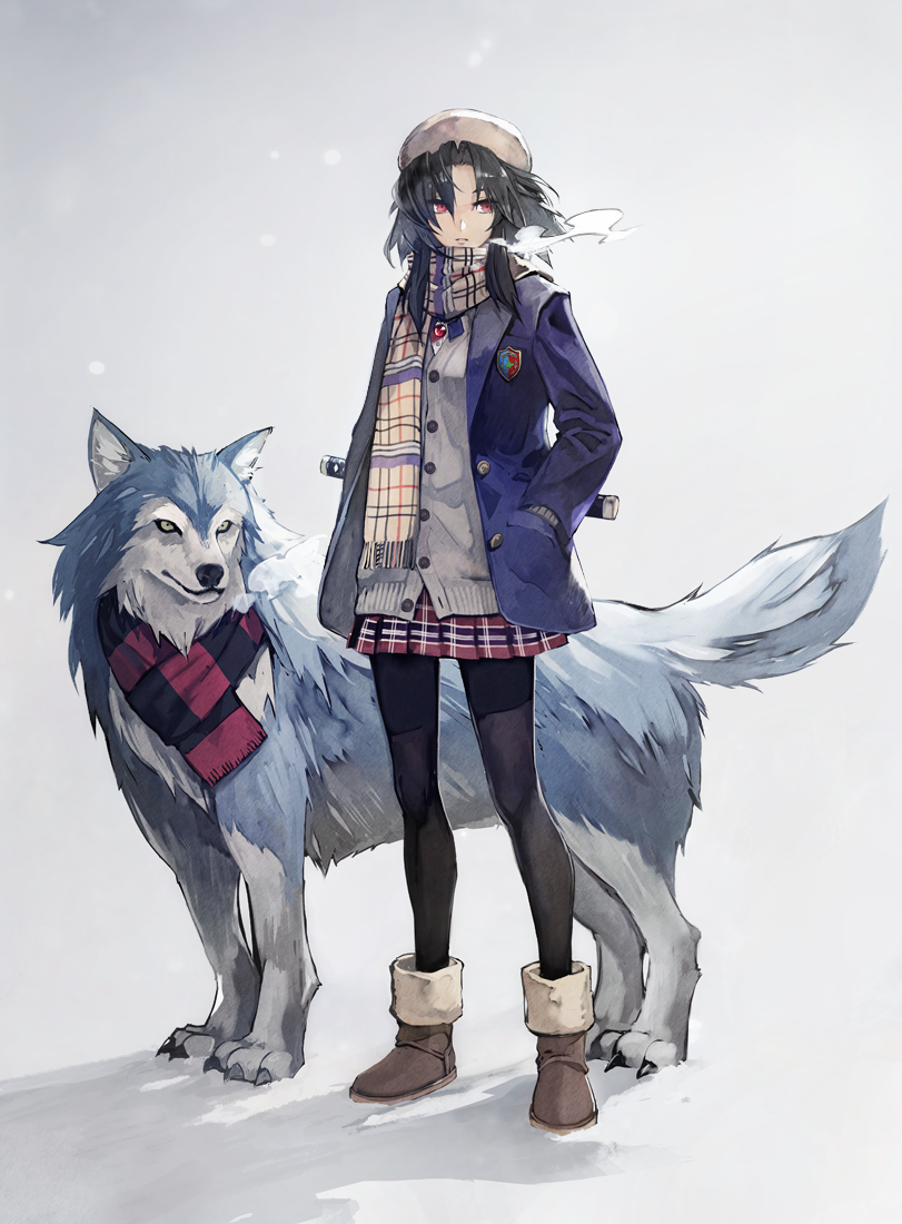1girl, animal, ankle_boots, banpai_akira, black_hair, black_legwear, black_pantyhose, blue_jacket