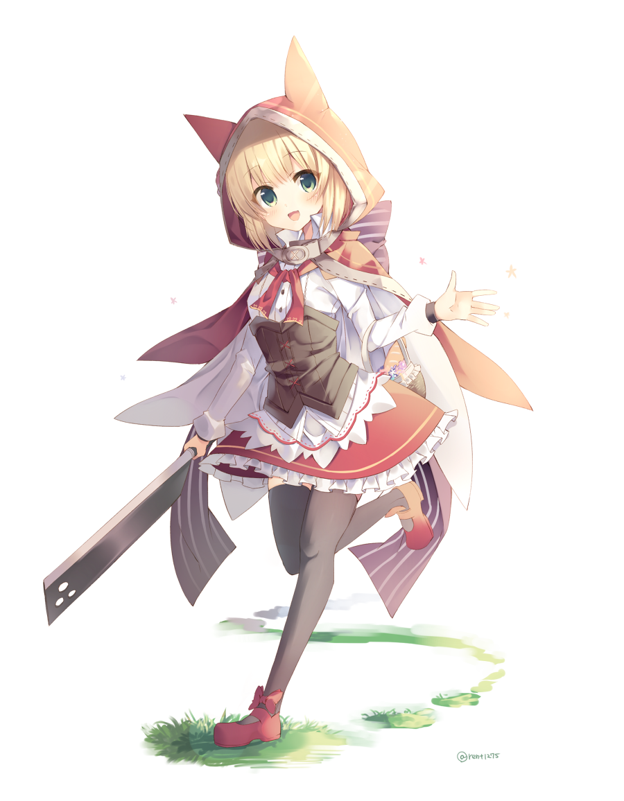 1girl, animal_ears, black_legwear, blonde_hair, bow, cat_ears, cleaver, dress