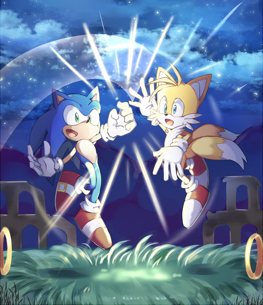 2boys, blue_eyes, fox, gloves, green_eyes, hedgehog, jewelry, jumping
